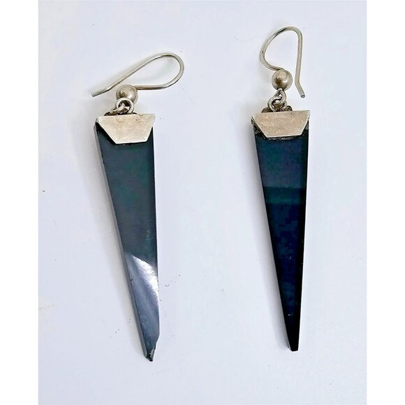 Art Deco Onyx and sterling Hook Earrings 2 inches long - Picture 5 of 9